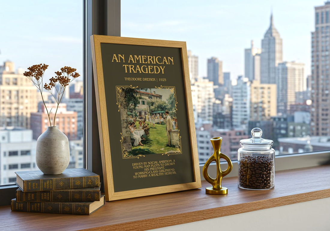An American Tragedy Minimalist Book Poster by Theodore Dreiser – framed print on a city-view windowsill