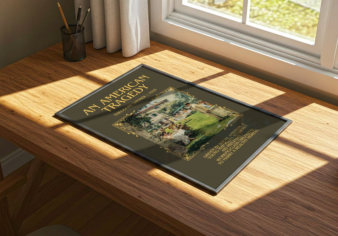 An American Tragedy Minimalist Book Poster by Theodore Dreiser – print on a sunlit desk