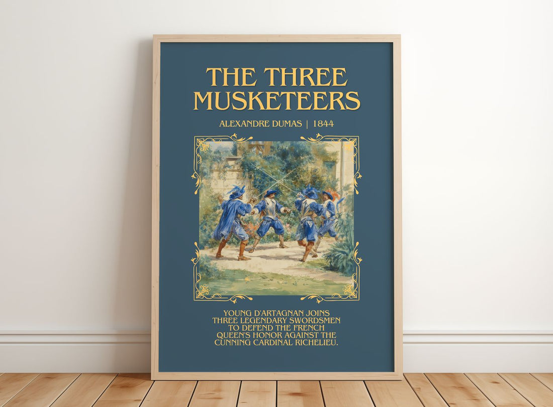 The Three Musketeers Minimalist Book Poster by Alexandre Dumas – framed print leaning on a wooden floor