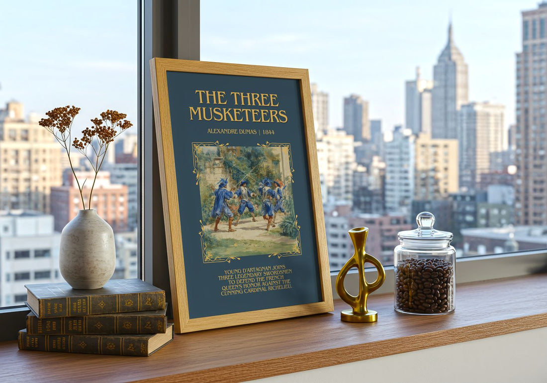The Three Musketeers Minimalist Book Poster by Alexandre Dumas – framed print on a city-view windowsill