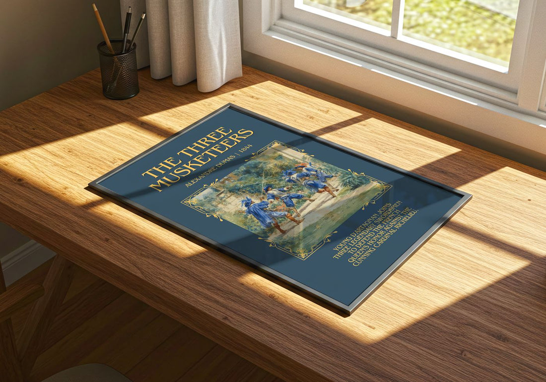 The Three Musketeers Minimalist Book Poster by Alexandre Dumas – print on a sunlit desk