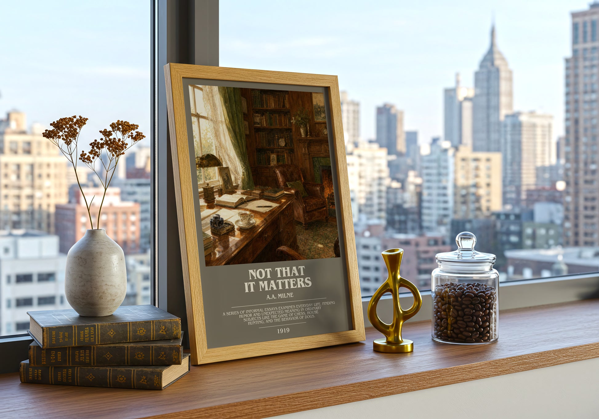 Not That It Matters bookish print framed by window – literary home decor