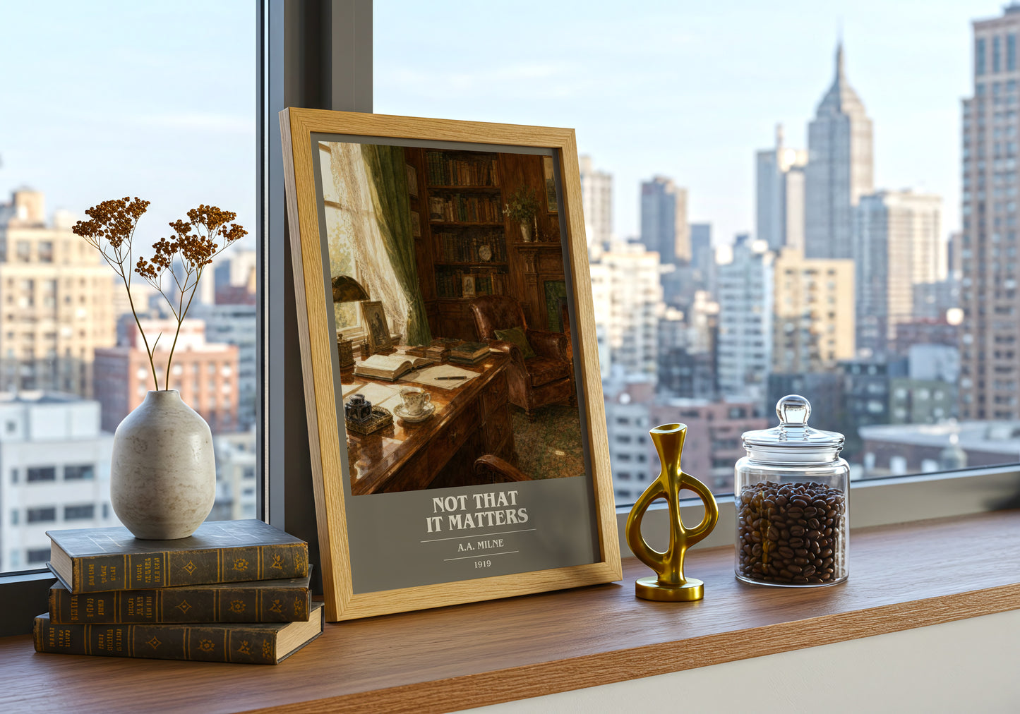 Not That It Matters book cover print framed by window – literary home decor
