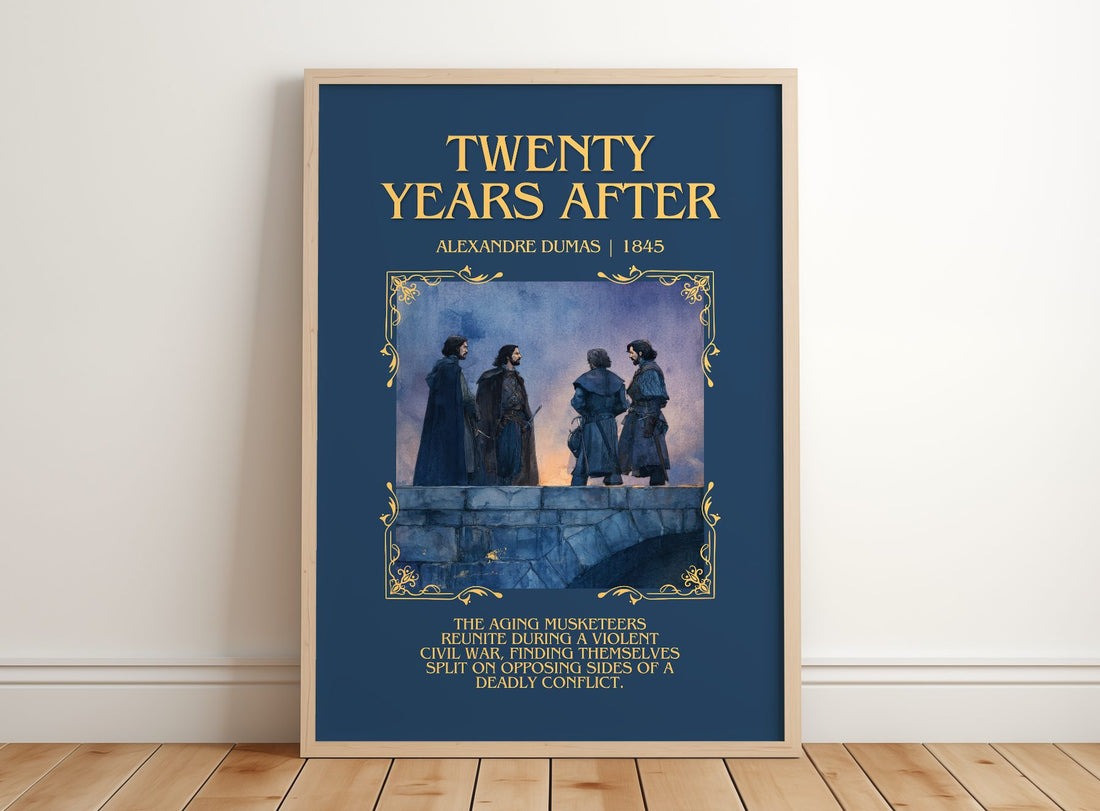 Twenty Years After Minimalist Book Poster by Alexandre Dumas – framed print leaning on a wooden floor