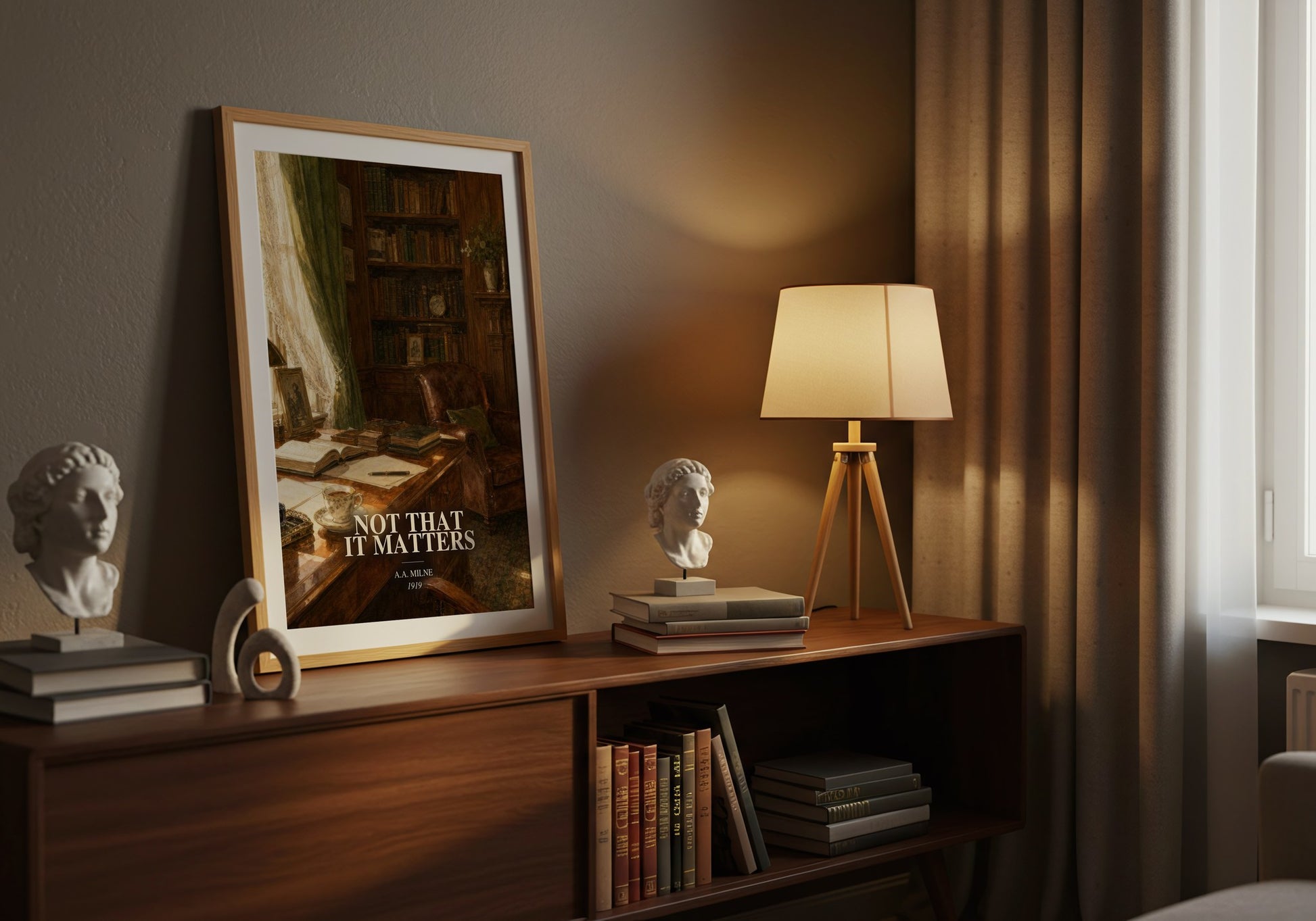 Not That It Matters watercolour print on bookshelf – A.A. Milne fan gift