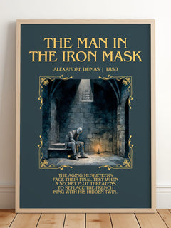 The Man In The Iron Mask Minimalist Book Poster by Alexandre Dumas – framed print leaning on a wooden floor