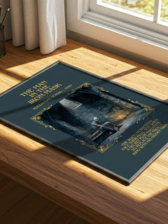 The Man In The Iron Mask Minimalist Book Poster by Alexandre Dumas – print on a sunlit desk