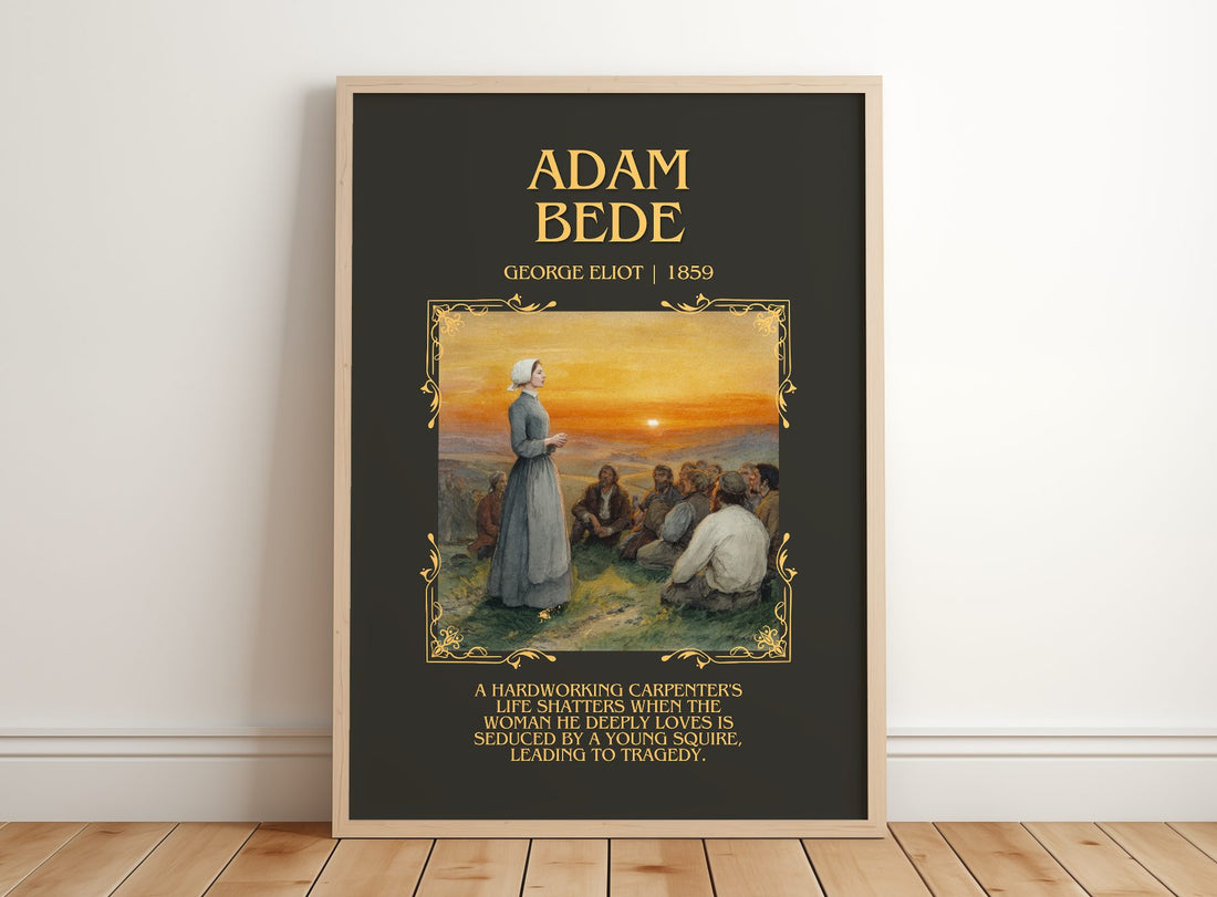 Adam Bede Minimalist Book Poster by George Eliot – framed print leaning on a wooden floor