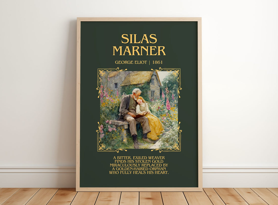 Silas Marner Minimalist Book Poster by George Eliot – framed print leaning on a wooden floor