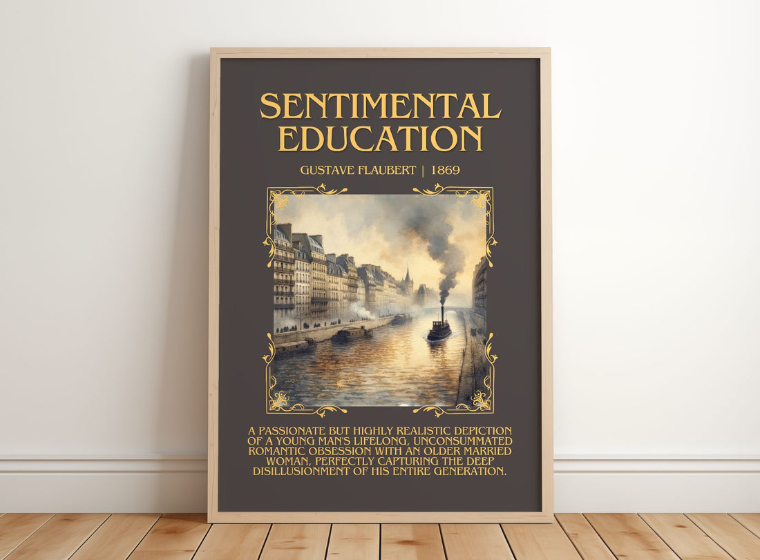 Sentimental Education Minimalist Book Poster by Gustave Flaubert – framed print leaning on a wooden floor