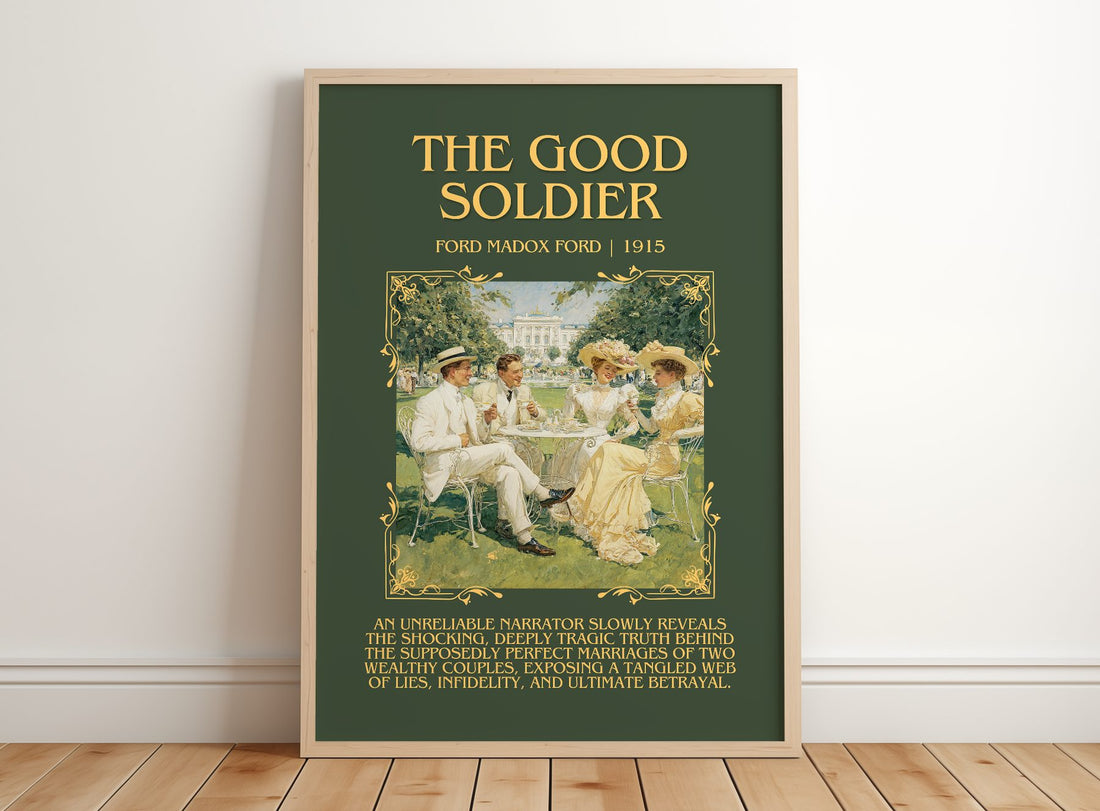 The Good Soldier Minimalist Book Poster by Ford Madox Ford – framed print leaning on a wooden floor