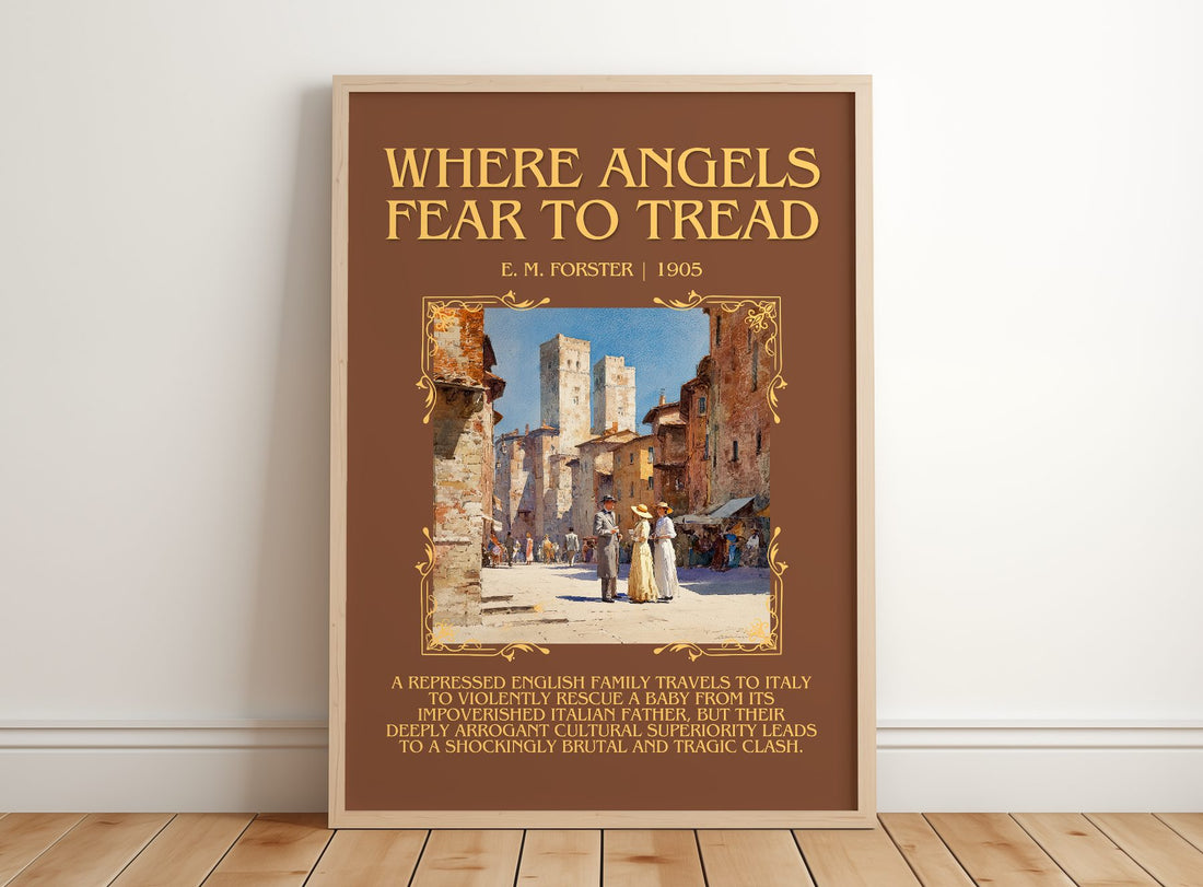 Where Angels Fear To Tread Minimalist Book Poster by E. M. Forster – framed print leaning on a wooden floor