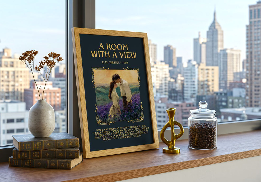 A Room With A View Minimalist Book Poster by E. M. Forster – framed print on a city-view windowsill