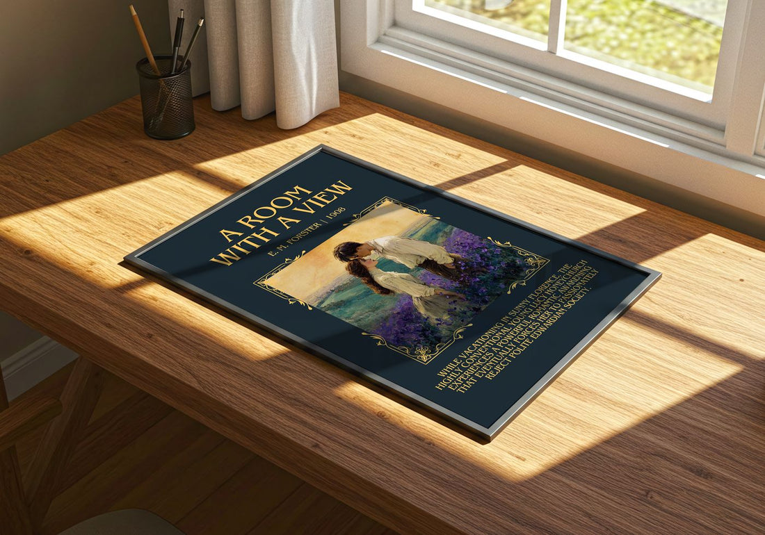 A Room With A View Minimalist Book Poster by E. M. Forster – print on a sunlit desk