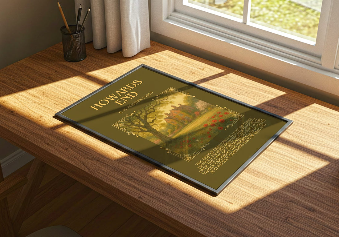 Howards End Minimalist Book Poster by E. M. Forster – print on a sunlit desk