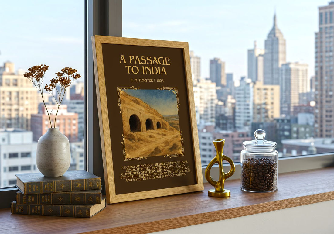 A Passage To India Minimalist Book Poster by E. M. Forster – framed print on a city-view windowsill