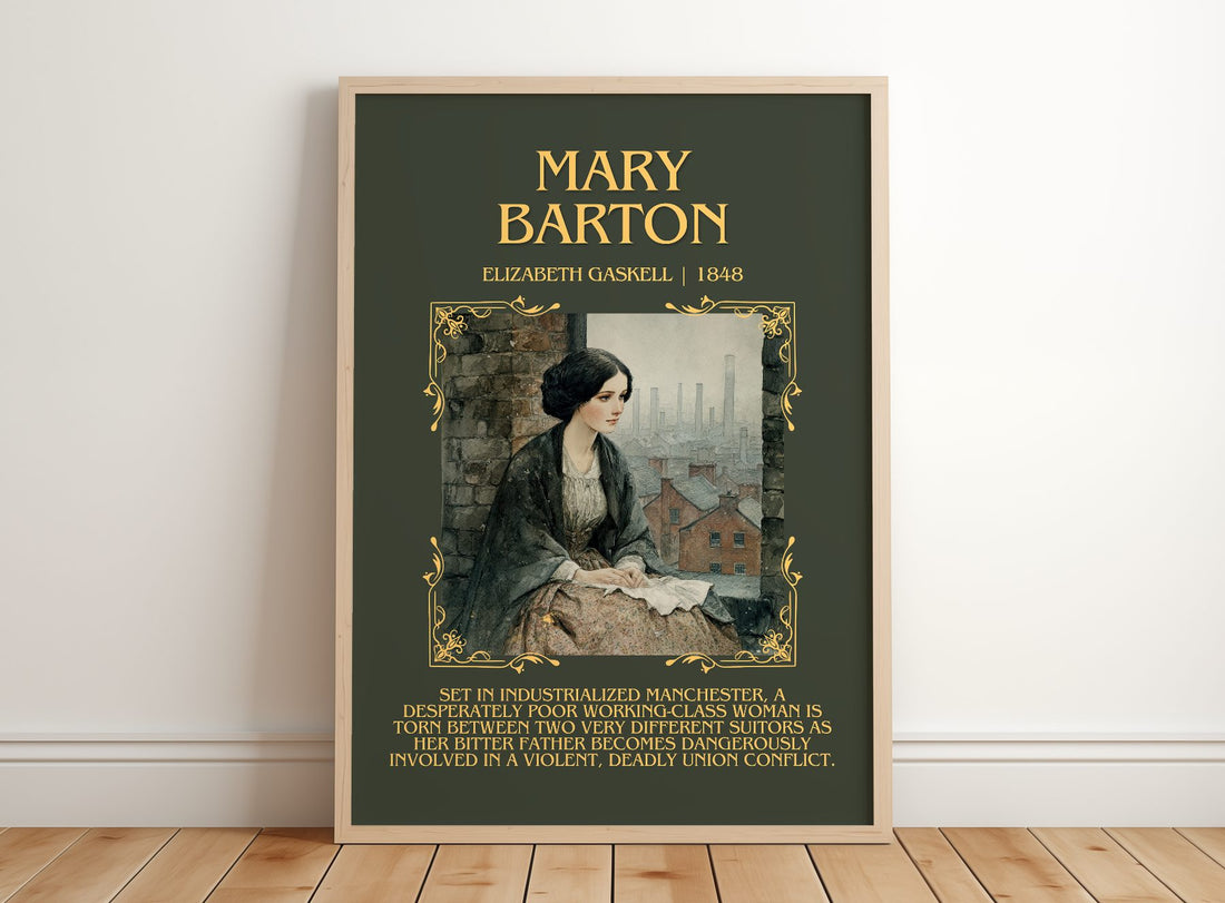 Mary Barton Minimalist Book Poster by Elizabeth Gaskell – framed print leaning on a wooden floor