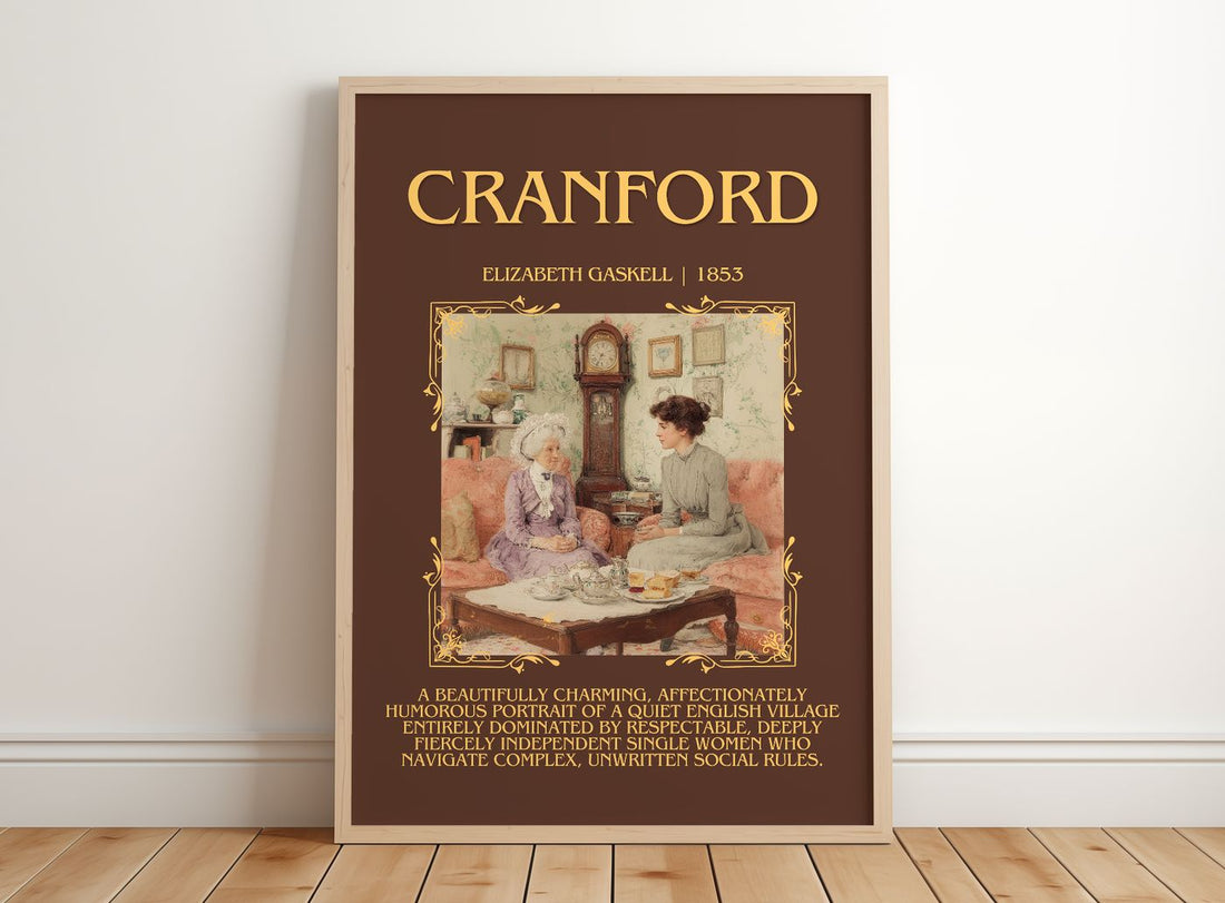 Cranford Minimalist Book Poster by Elizabeth Gaskell – framed print leaning on a wooden floor