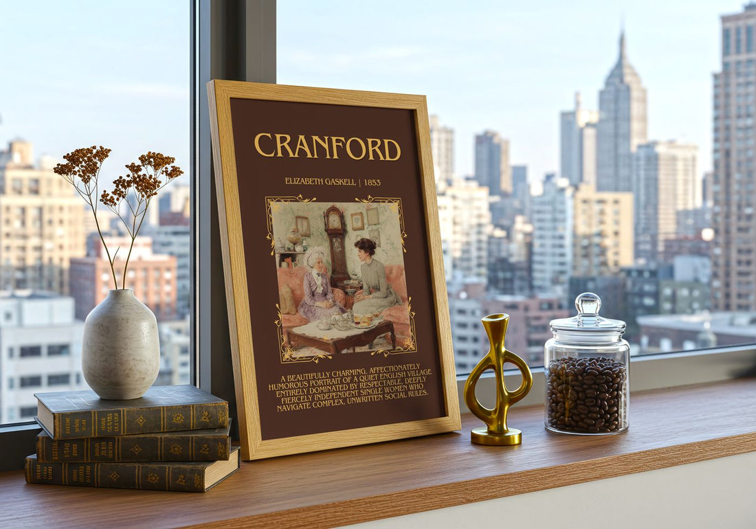 Cranford Minimalist Book Poster by Elizabeth Gaskell – framed print on a city-view windowsill