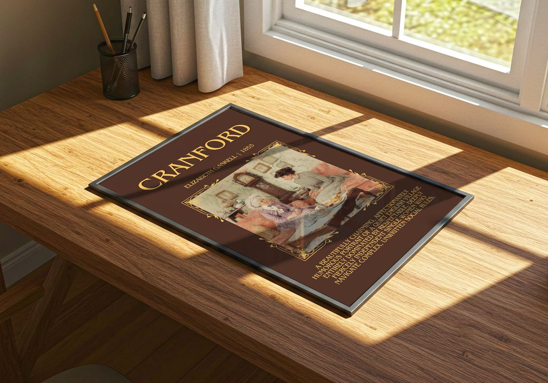 Cranford Minimalist Book Poster by Elizabeth Gaskell – print on a sunlit desk