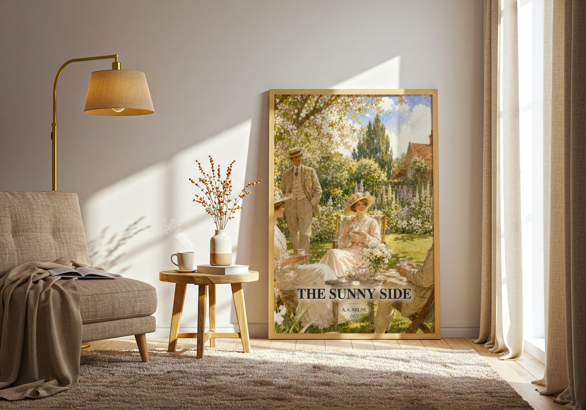 The Sunny Side watercolour print in frame leaning in hallway – non fiction wall art