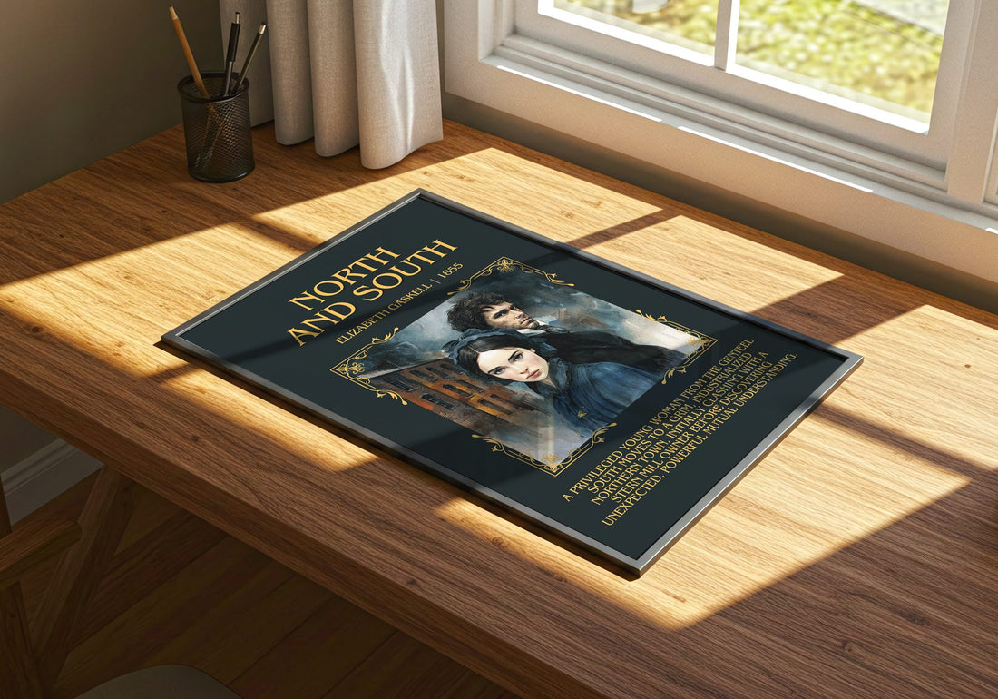North And South Minimalist Book Poster by Elizabeth Gaskell – print on a sunlit desk