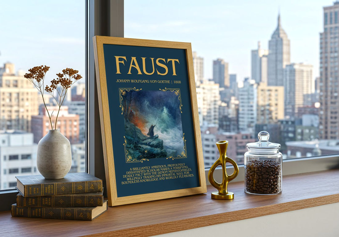 Faust Minimalist Book Poster by Johann Wolfgang Von Goethe – framed print on a city-view windowsill