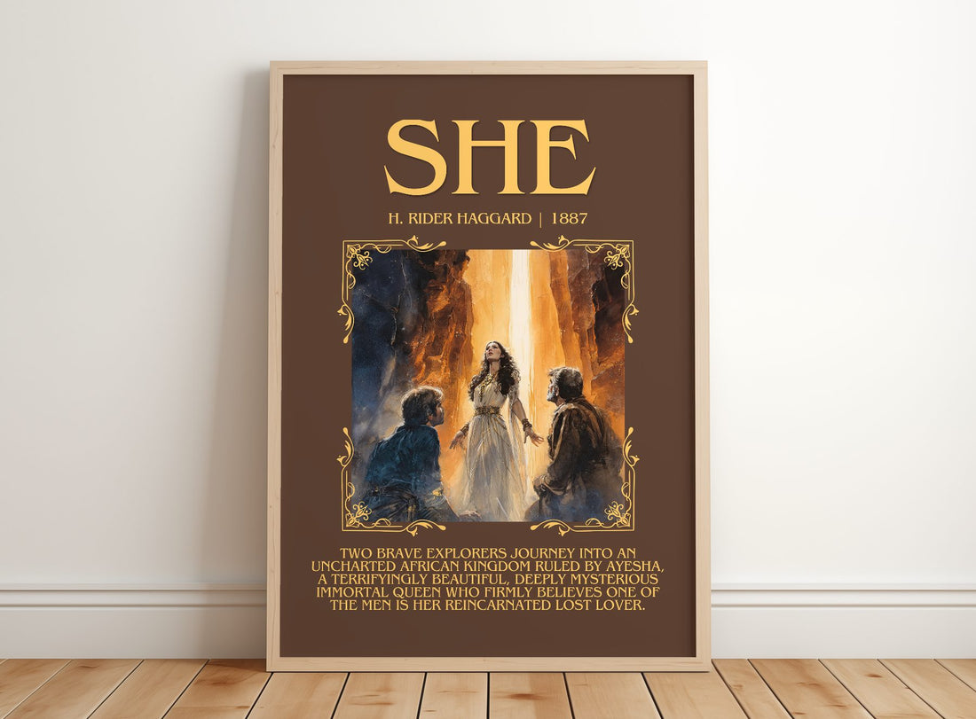 She Minimalist Book Poster by H. Rider Haggard – framed print leaning on a wooden floor