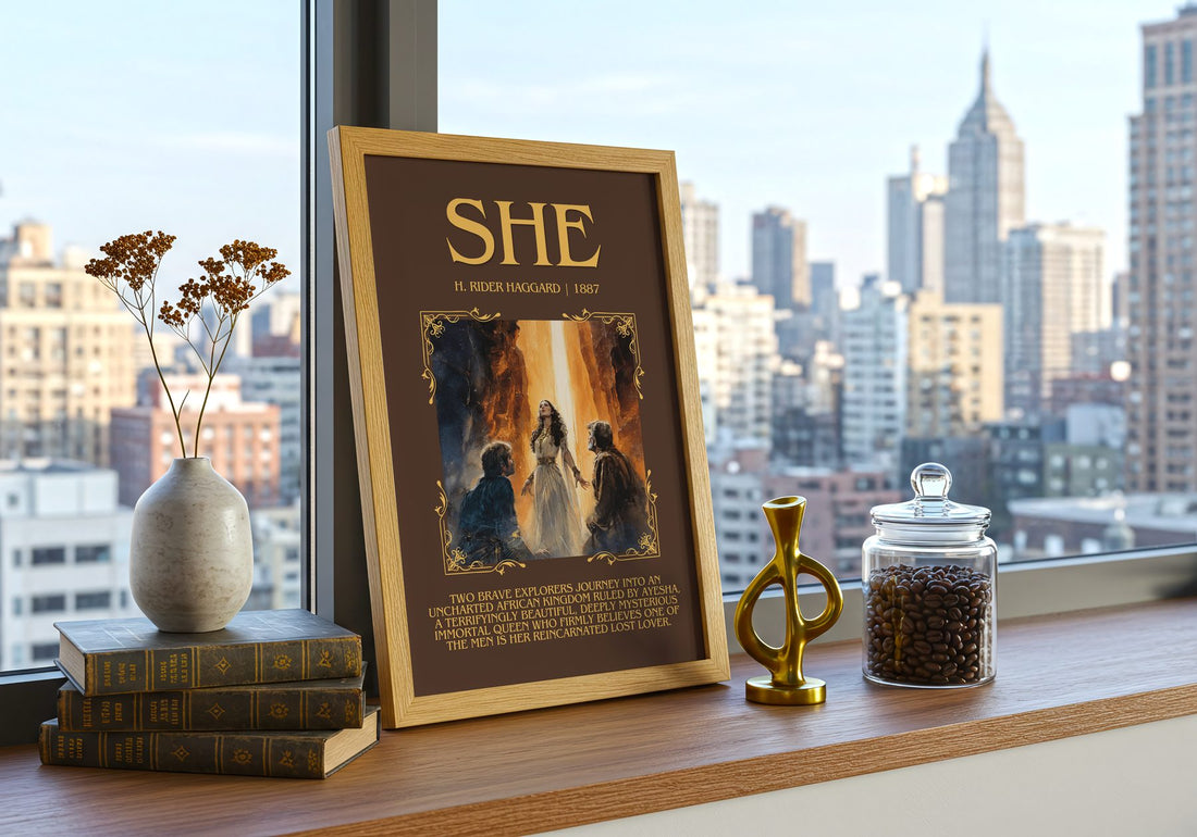She Minimalist Book Poster by H. Rider Haggard – framed print on a city-view windowsill