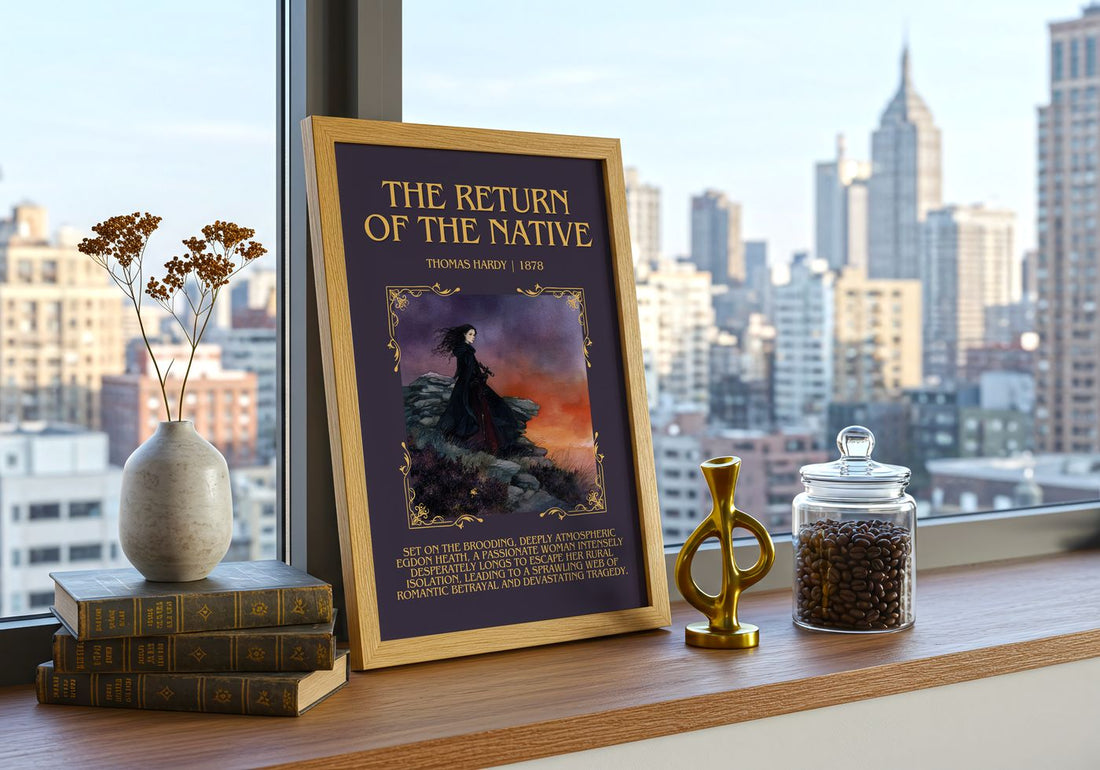 The Return Of The Native Minimalist Book Poster by Thomas Hardy – framed print on a city-view windowsill