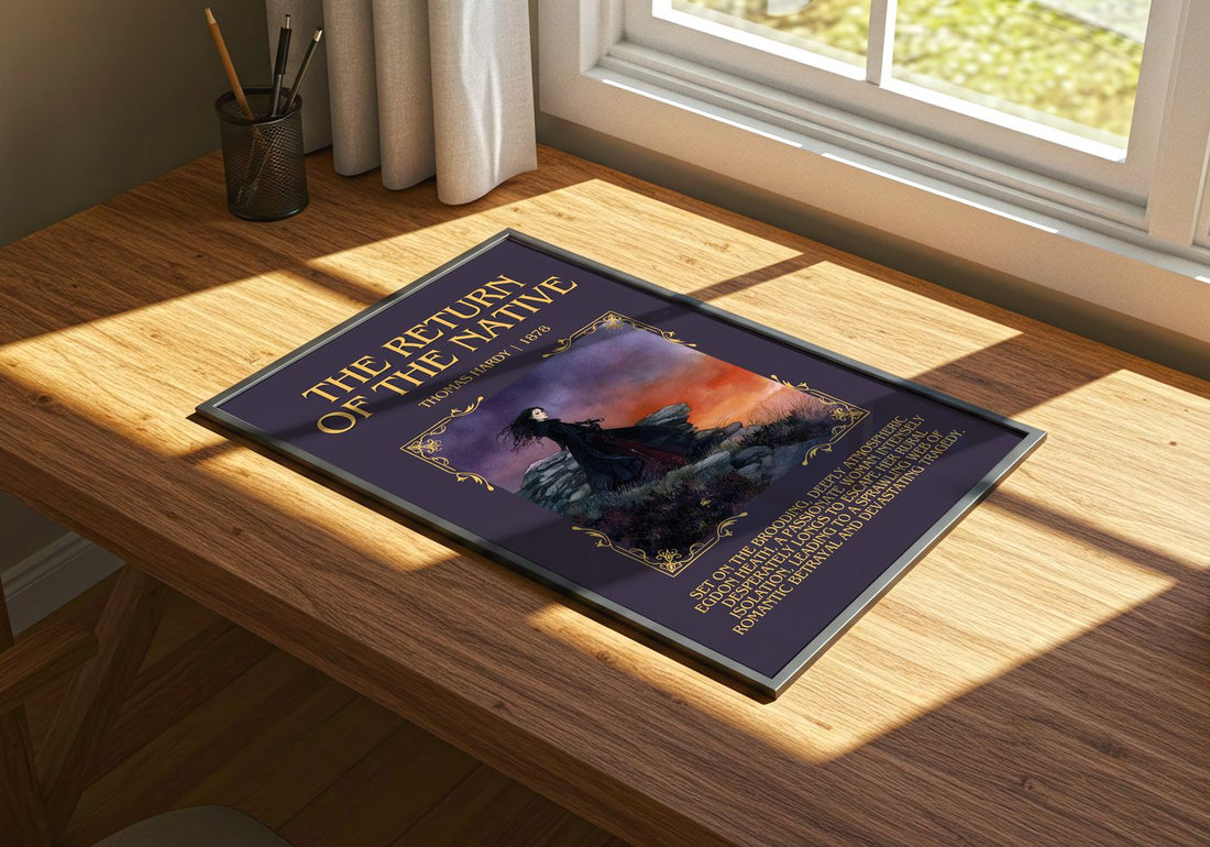The Return Of The Native Minimalist Book Poster by Thomas Hardy – print on a sunlit desk