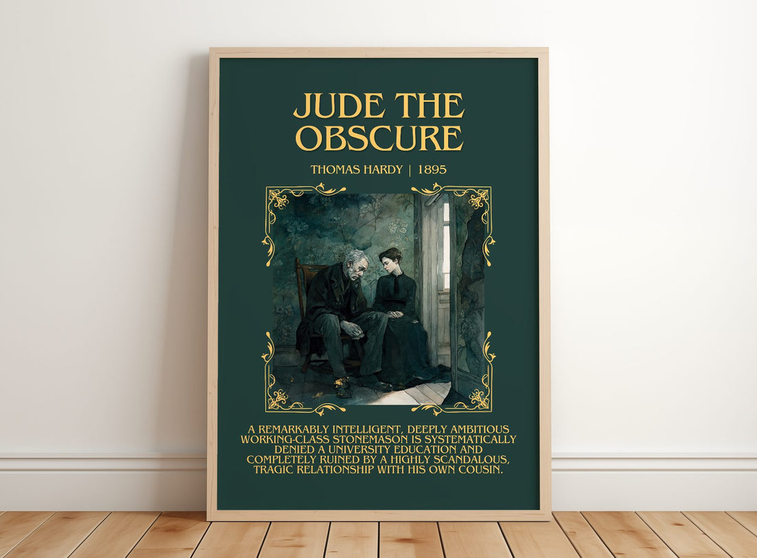 Jude The Obscure Minimalist Book Poster by Thomas Hardy – framed print leaning on a wooden floor