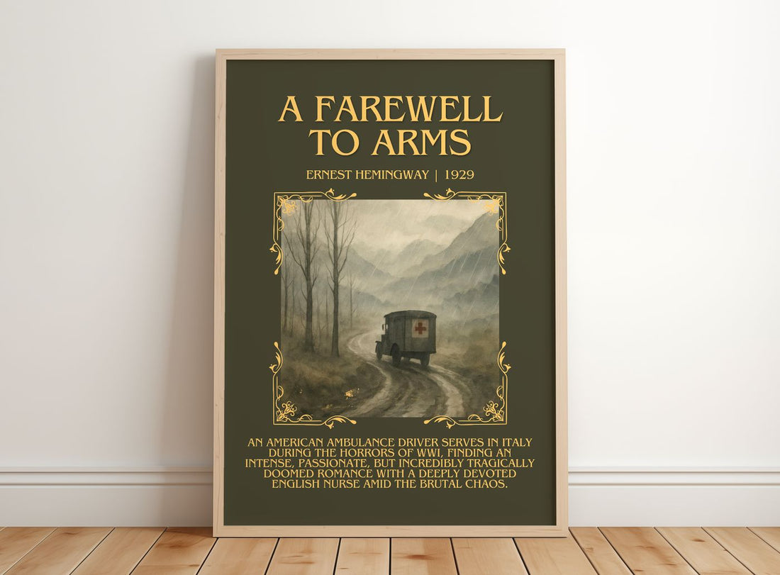 A Farewell To Arms Minimalist Book Poster by Ernest Hemingway – framed print leaning on a wooden floor