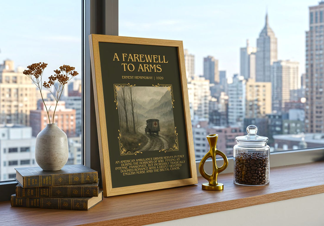 A Farewell To Arms Minimalist Book Poster by Ernest Hemingway – framed print on a city-view windowsill