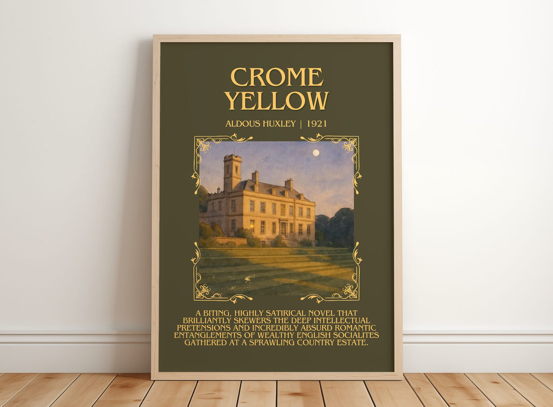Crome Yellow Minimalist Book Poster by Aldous Huxley – framed print leaning on a wooden floor
