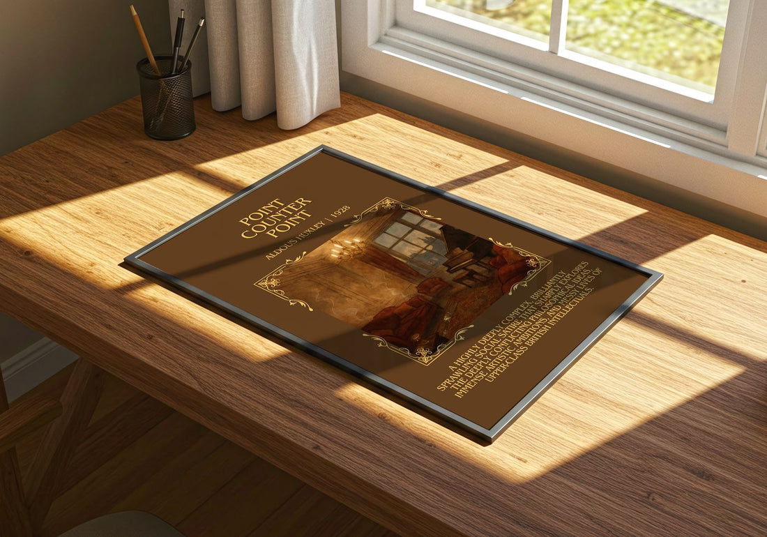 Point Counter Point Minimalist Book Poster by Aldous Huxley – print on a sunlit desk