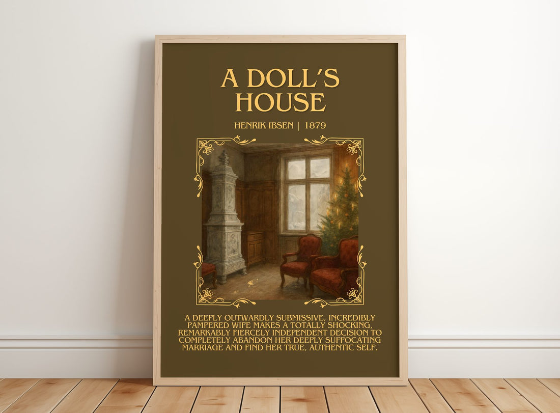 A Doll’S House Minimalist Book Poster by Henrik Ibsen – framed print leaning on a wooden floor