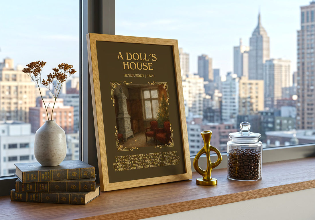 A Doll’S House Minimalist Book Poster by Henrik Ibsen – framed print on a city-view windowsill