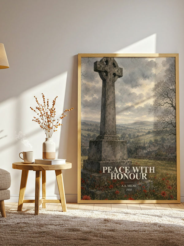 Peace With Honour watercolour print in frame leaning in hallway – non fiction wall art
