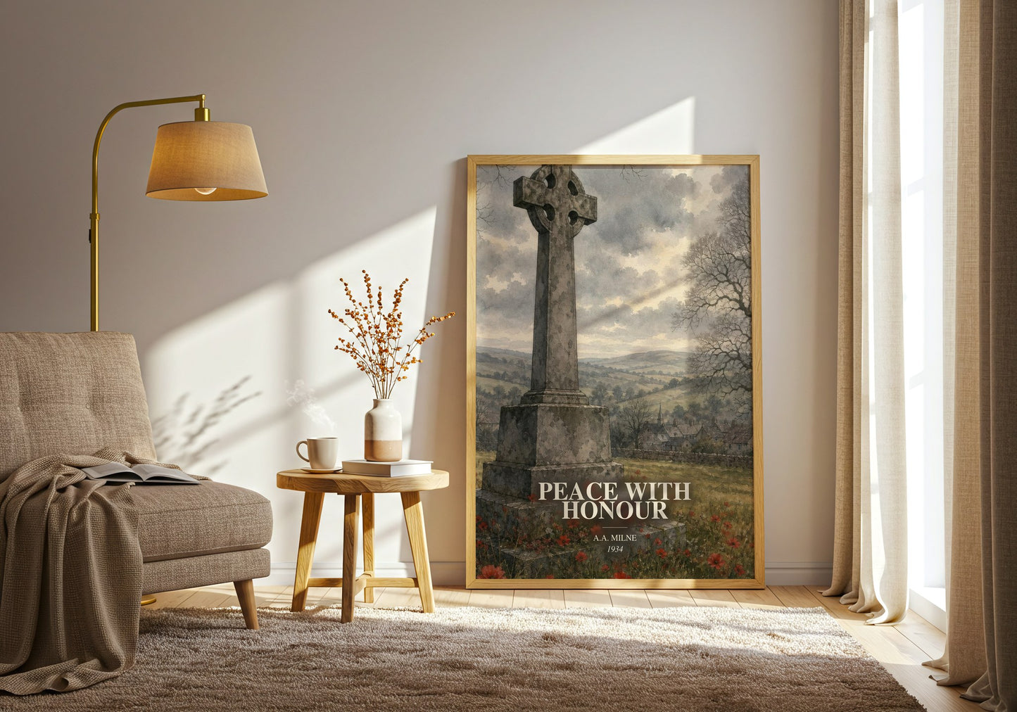 Peace With Honour watercolour print in frame leaning in hallway – non fiction wall art