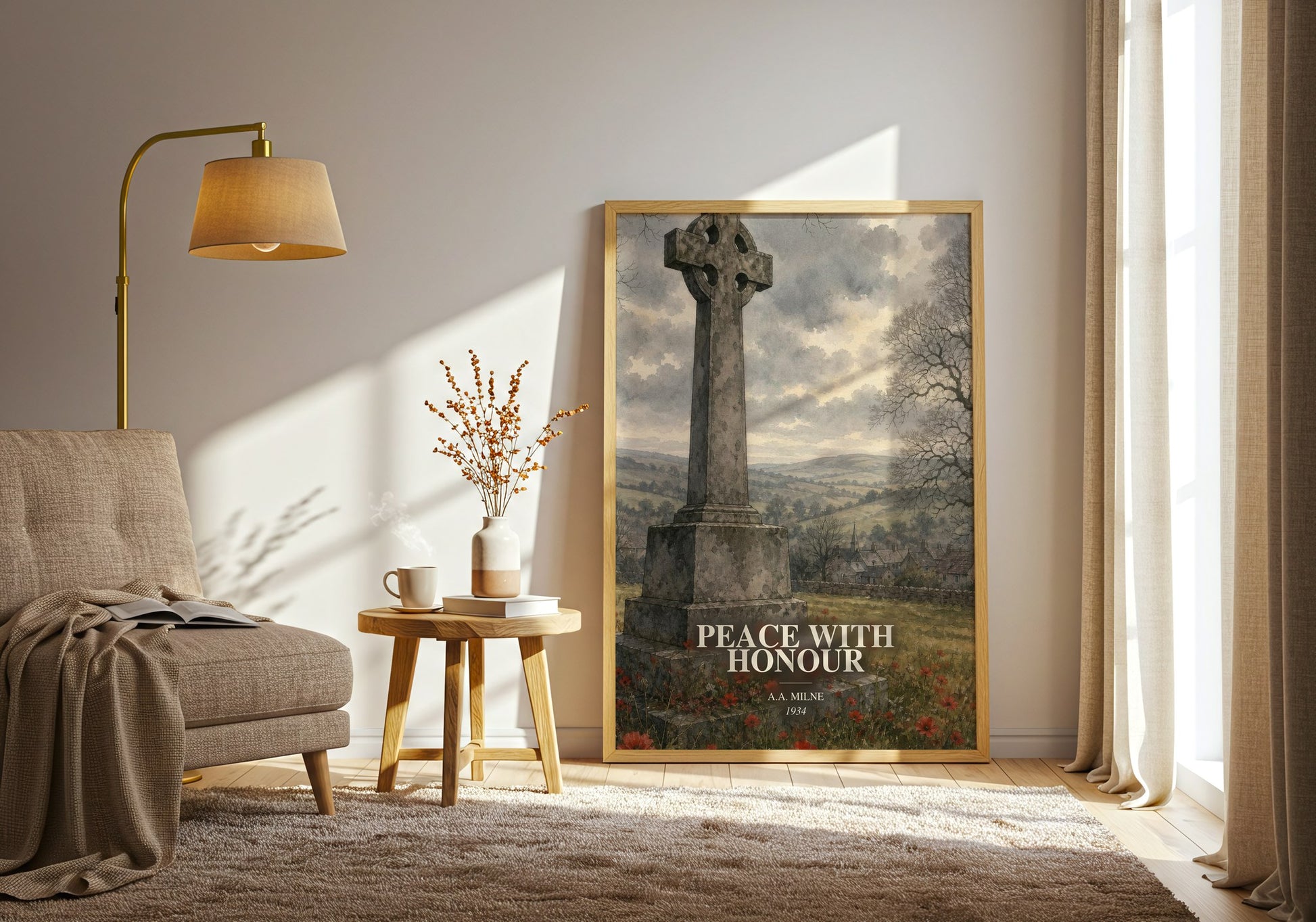 Peace With Honour watercolour print in frame leaning in hallway – non fiction wall art