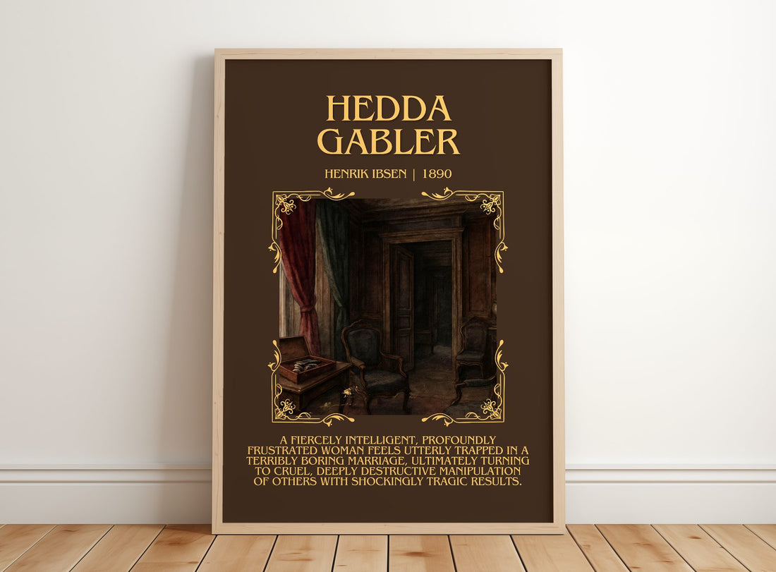 Hedda Gabler Minimalist Book Poster by Henrik Ibsen – framed print leaning on a wooden floor