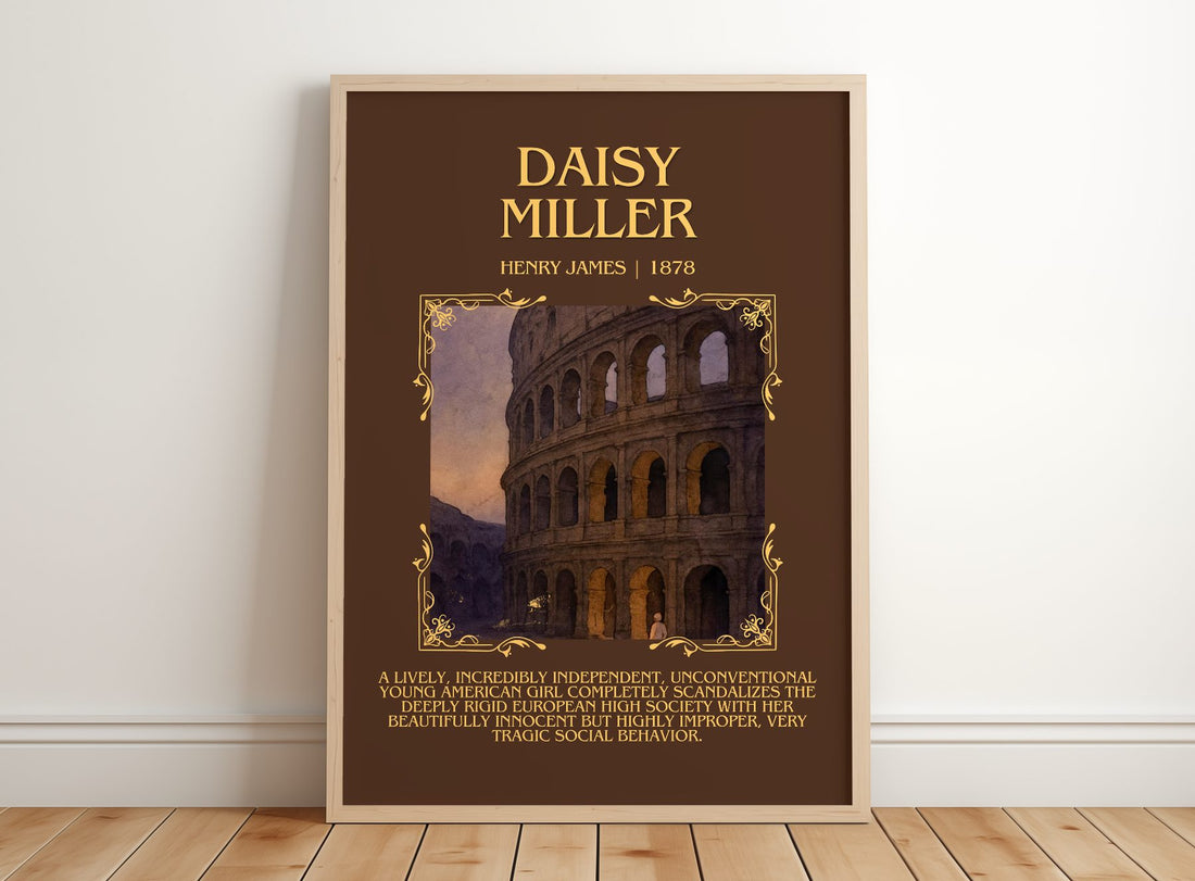 Daisy Miller Minimalist Book Poster by Henry James – framed print leaning on a wooden floor