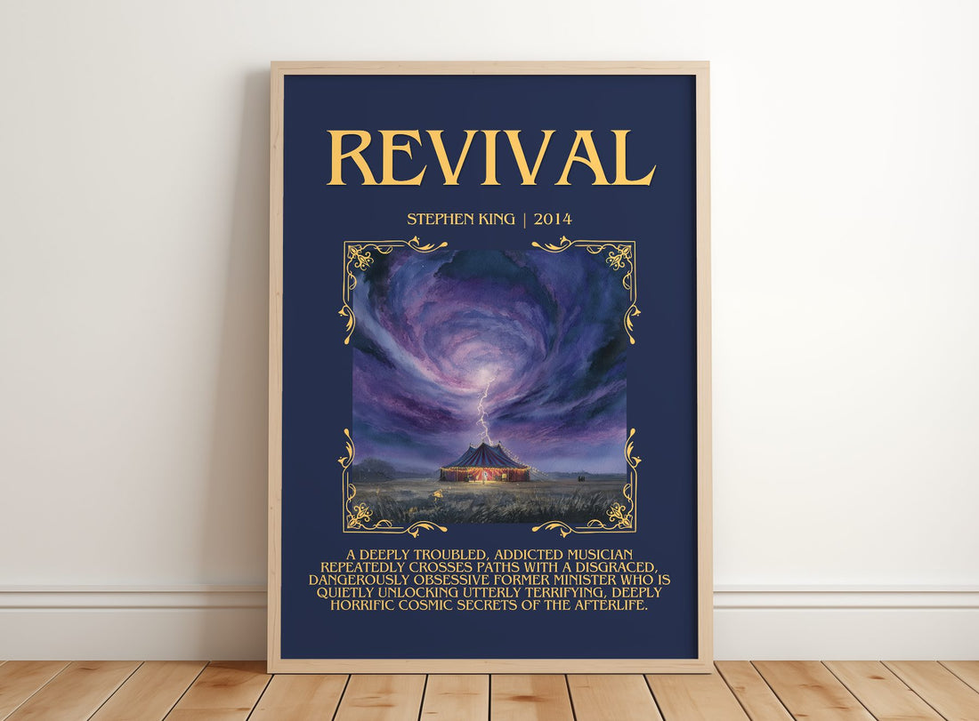 Revival Minimalist Book Poster by Stephen King – framed print leaning on a wooden floor