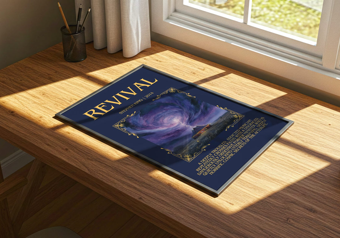 Revival Minimalist Book Poster by Stephen King – print on a sunlit desk