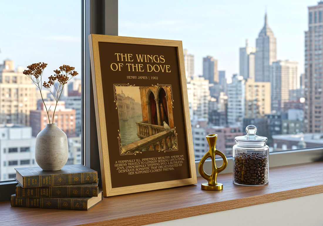 The Wings Of The Dove Minimalist Book Poster by Henry James – framed print on a city-view windowsill