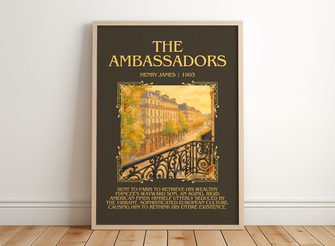 The Ambassadors Minimalist Book Poster by Henry James – framed print leaning on a wooden floor