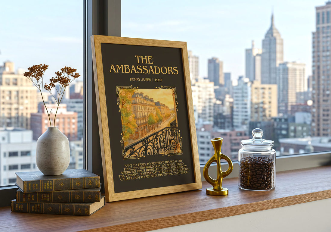 The Ambassadors Minimalist Book Poster by Henry James – framed print on a city-view windowsill
