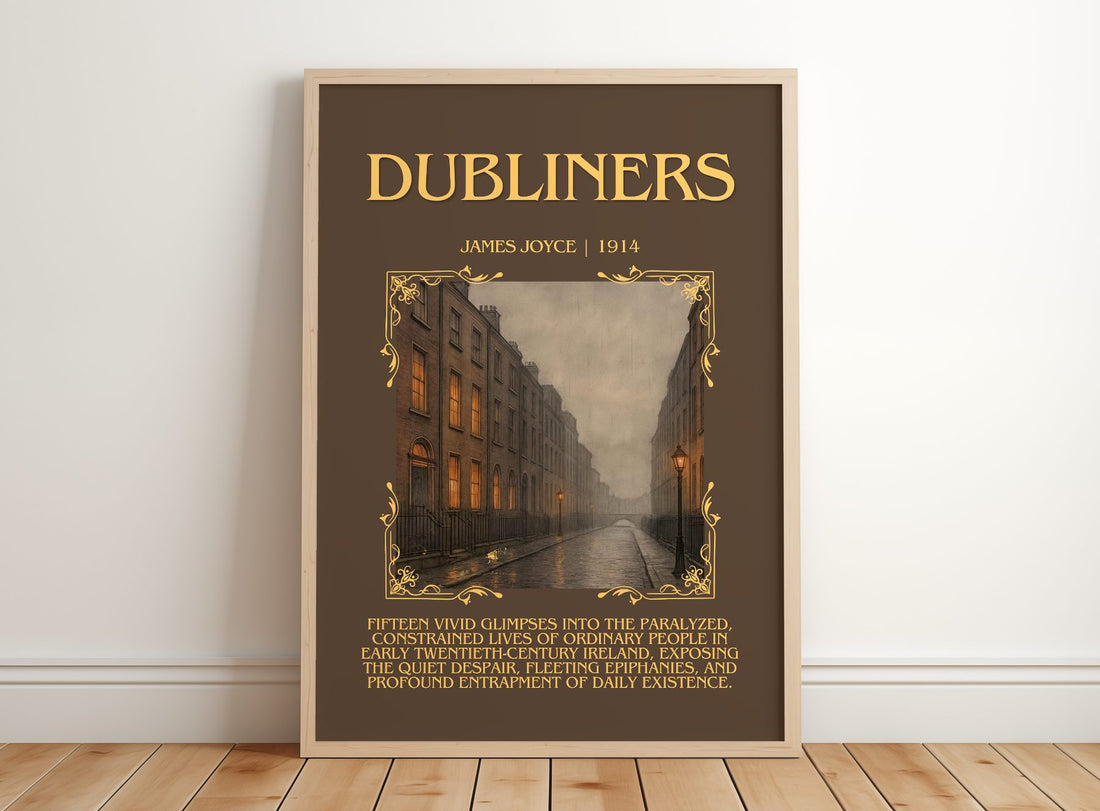 Dubliners Minimalist Book Poster by James Joyce – framed print leaning on a wooden floor