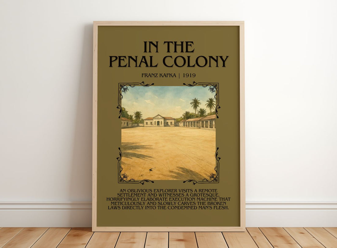 In The Penal Colony Minimalist Book Poster by Franz Kafka – framed print leaning on a wooden floor
